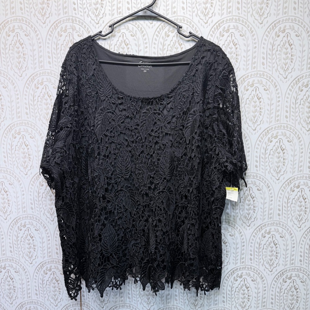 Simply Emma Lace Blouse Womens 2X Black Floral Scalloped Short Sleeve Top NEW